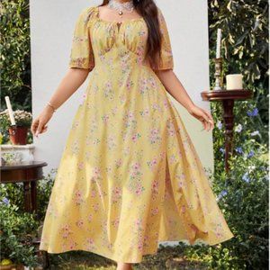 Yellow Floral Cottagecore Slit Dress